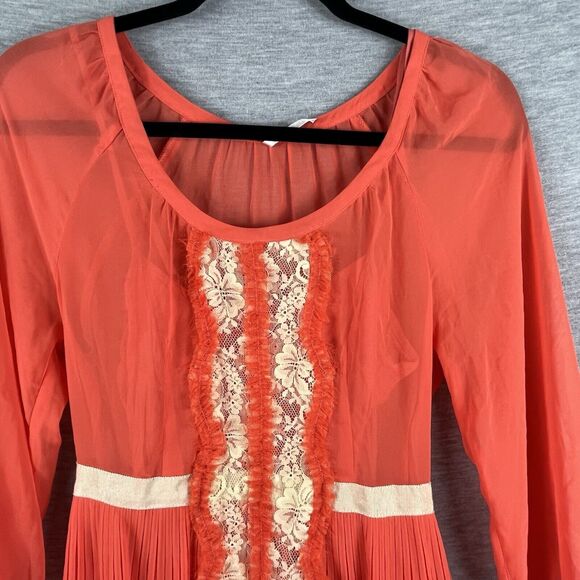 Free People Womens Dress Orange Chiffon 2 With Slip Sheer Boho 60s Lace Pleated - Picture 2 of 11